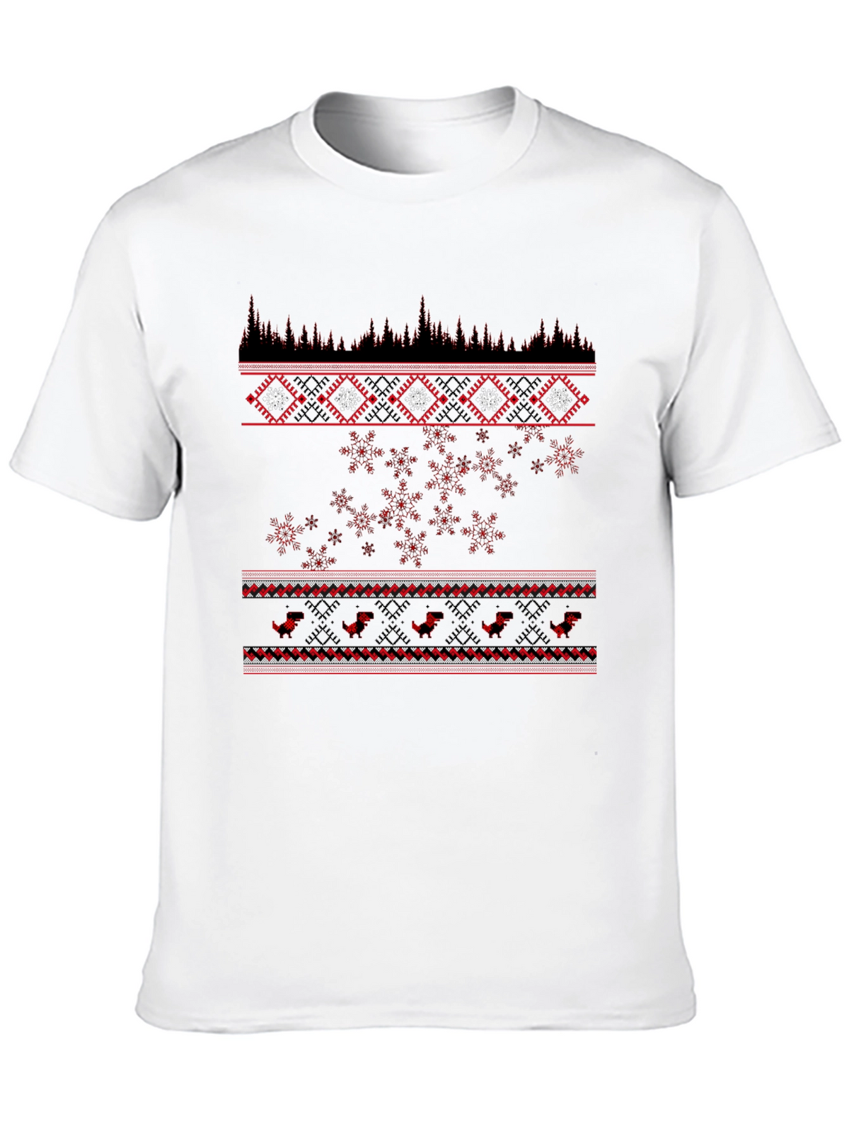 Festive Black T-Shirt with Red Winter Pattern
