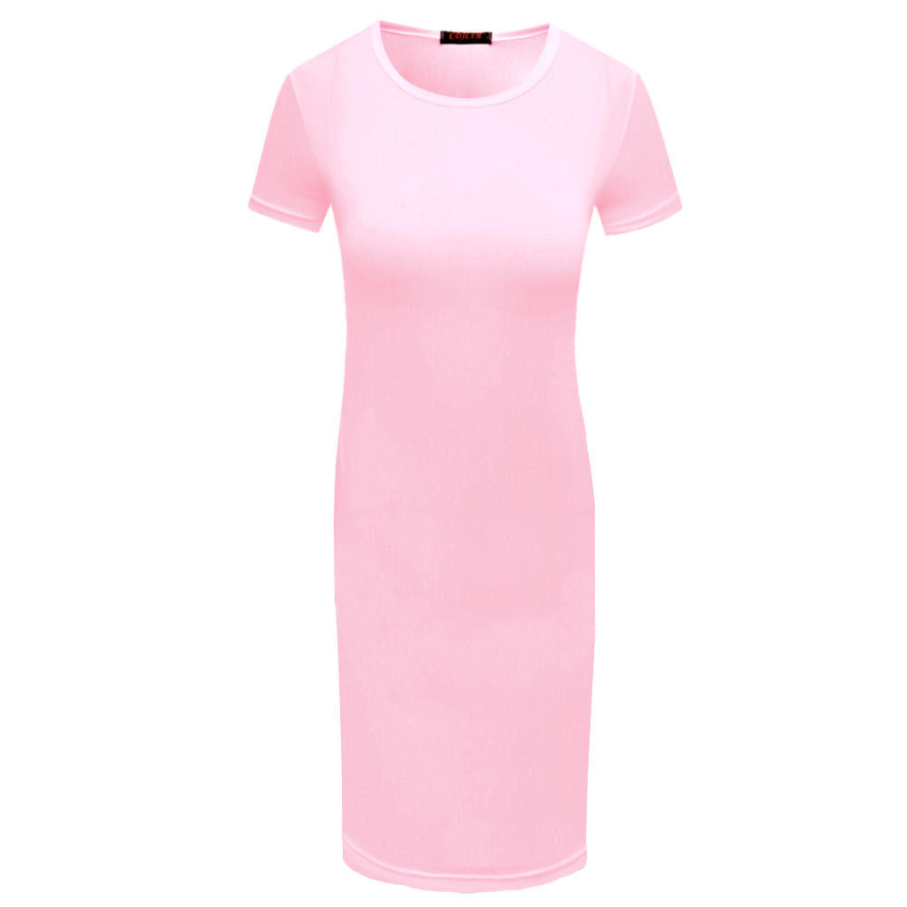 Solid Color Short Sleeve Round Collar Bodycon Dress