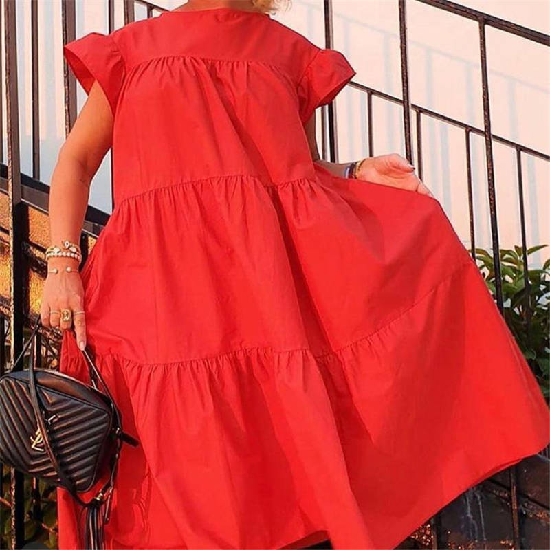 Women's Loose Solid Color Ruffled Swing Dress