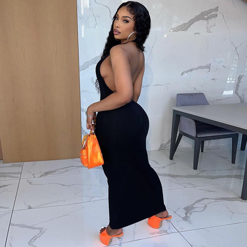 Women's Sexy Solid Color Halter Neck Backless Maxi Dress