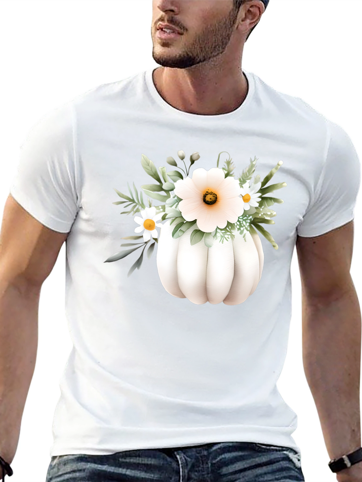 Floral Pumpkin Graphic Tee - Black Cotton Blend