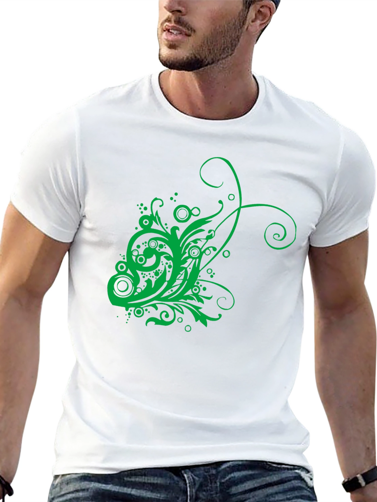 Mens Black T-Shirt with Green Floral Design