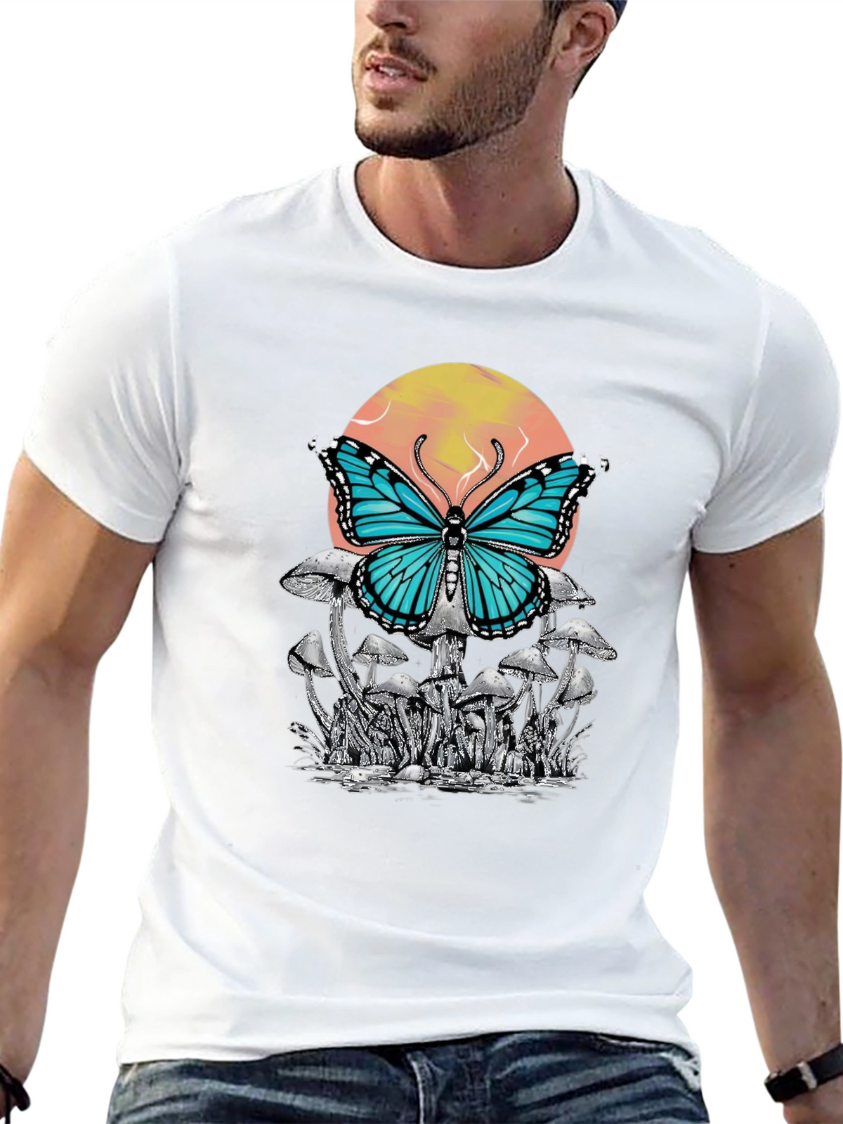 Butterfly Mushroom Graphic Tee - Black Cotton T-Shirt