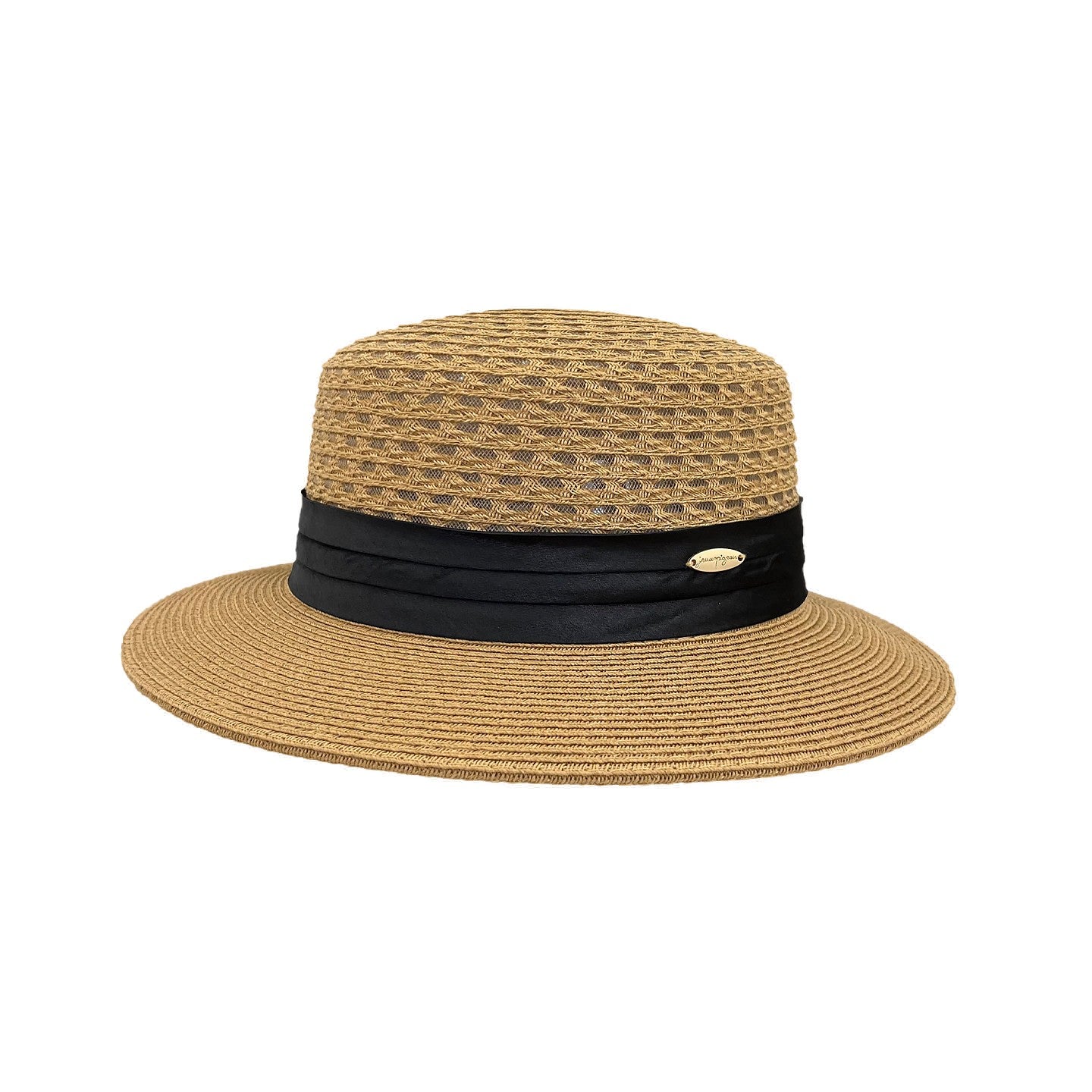 Women's Raffia Straw Flat Top Sun Hat with Openwork Crown