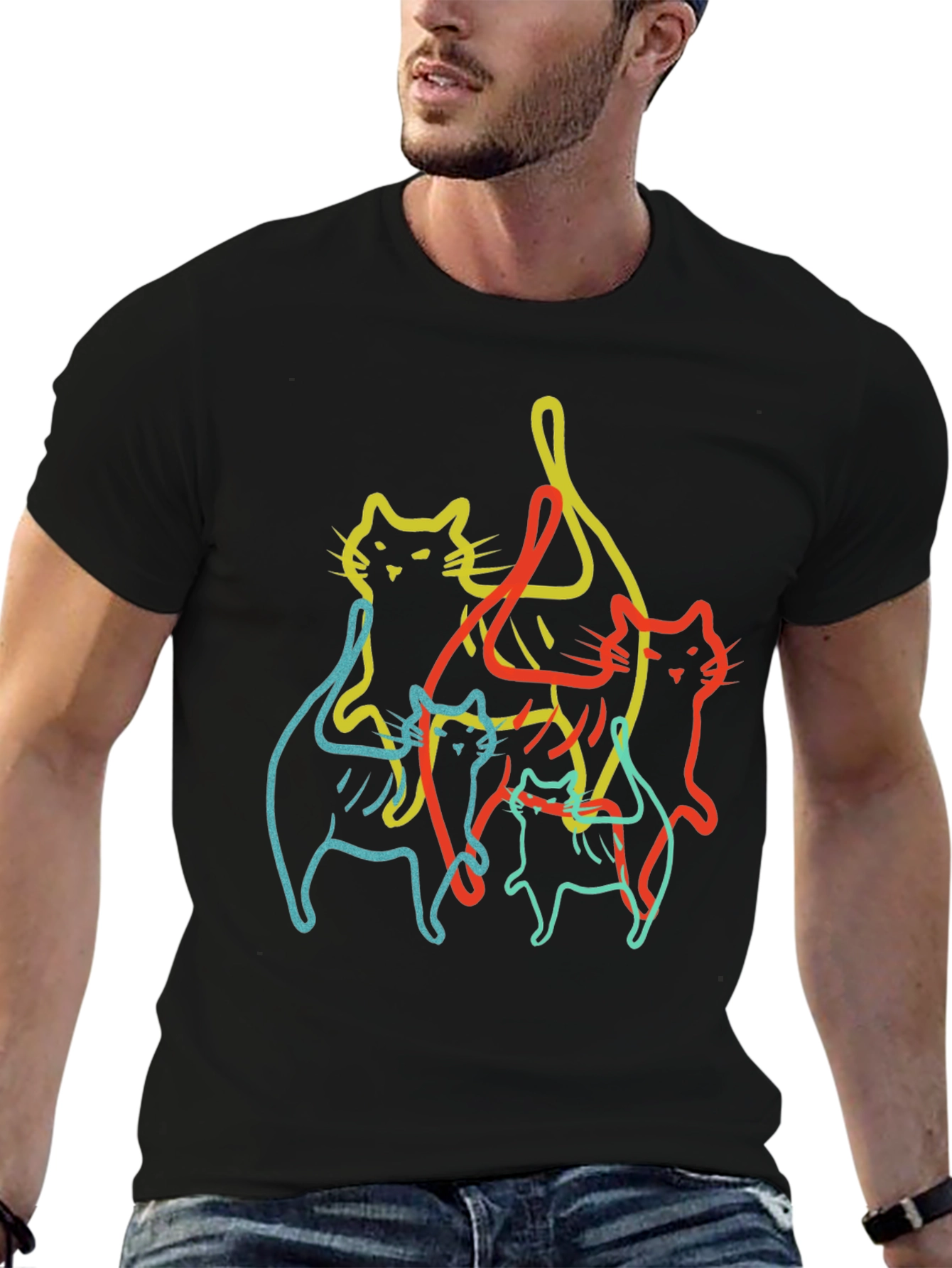 Abstract Cat Line Art Black T-Shirt