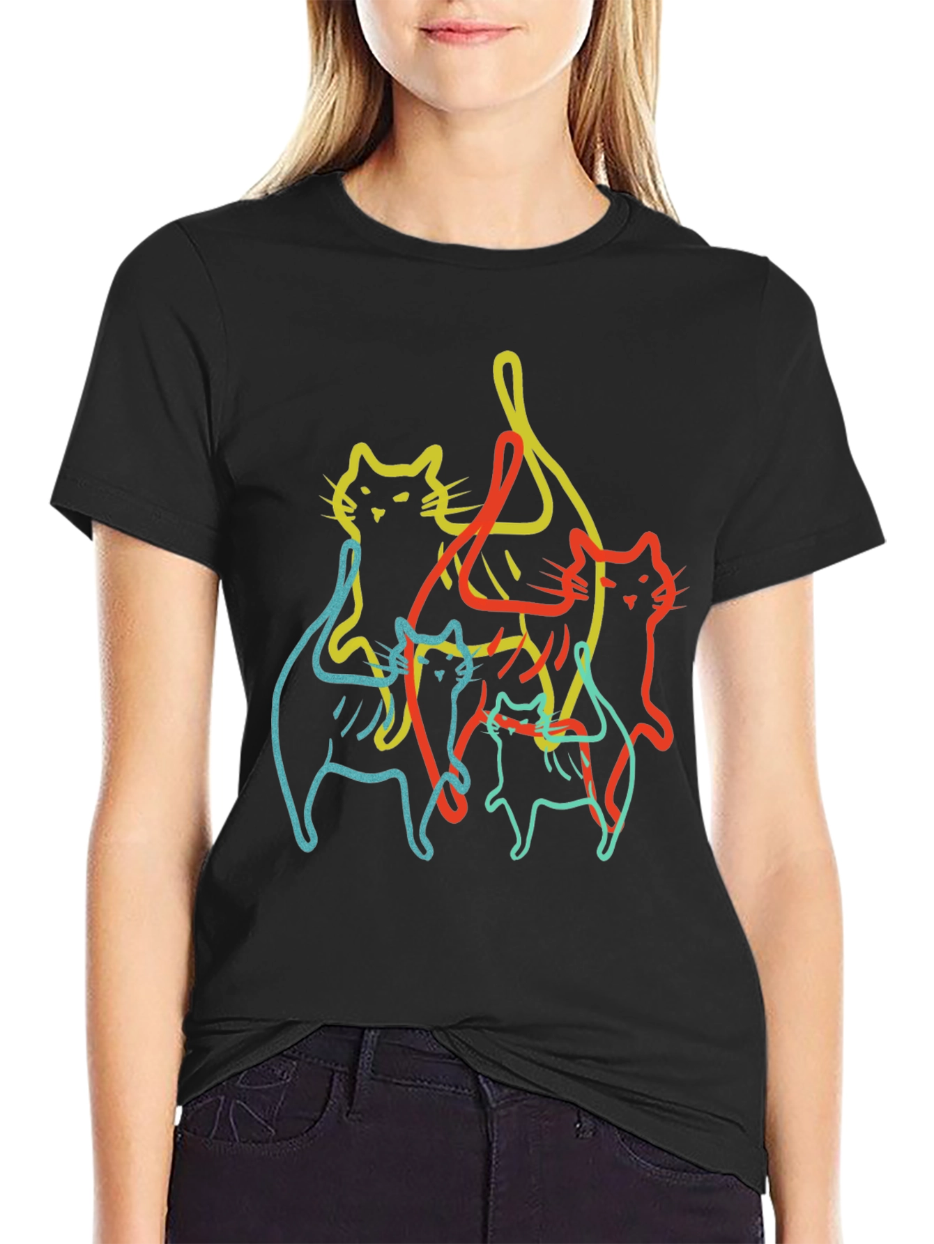 Abstract Cat Line Art Black T-Shirt