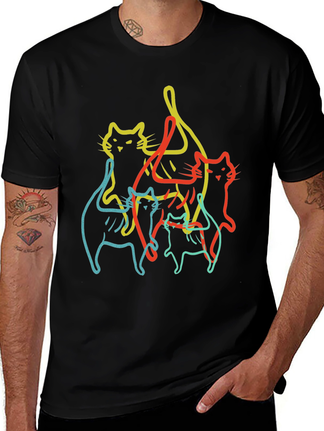 Abstract Cat Line Art Black T-Shirt