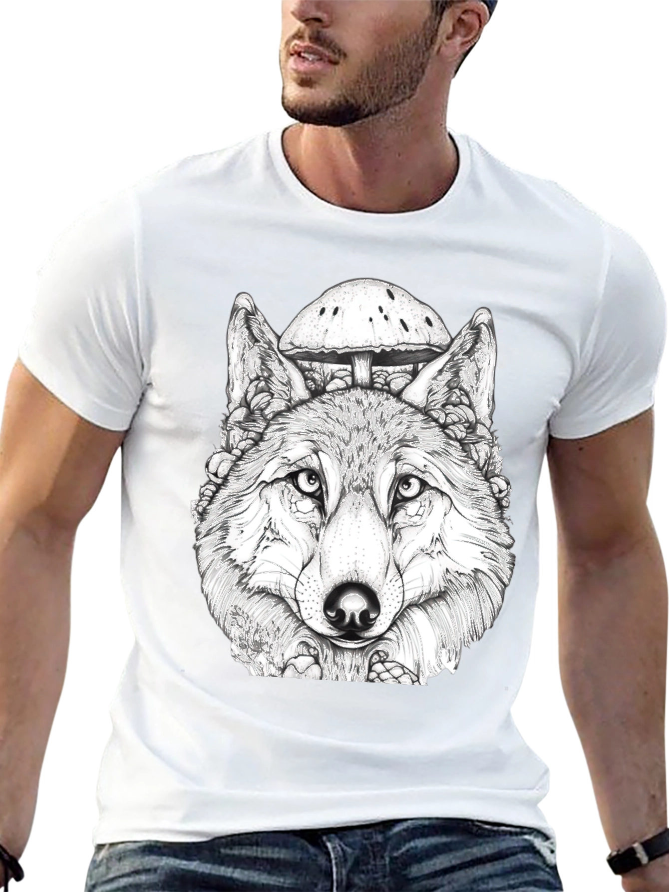Wolf & Mushroom Graphic Black T-Shirt