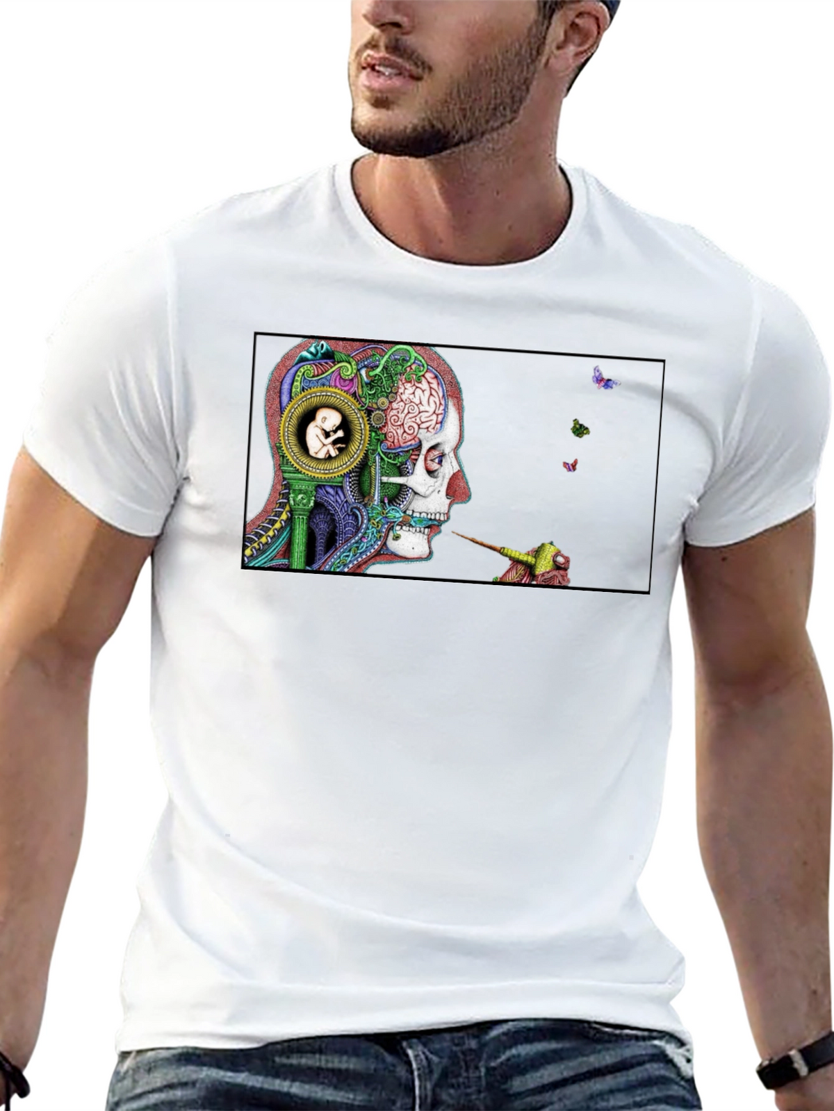 Intricate Brain Art T-Shirt - Skull and Embryo Design