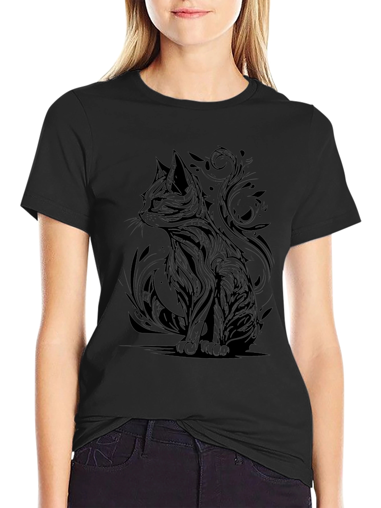 Abstract Cat Graphic Print Black T-Shirt