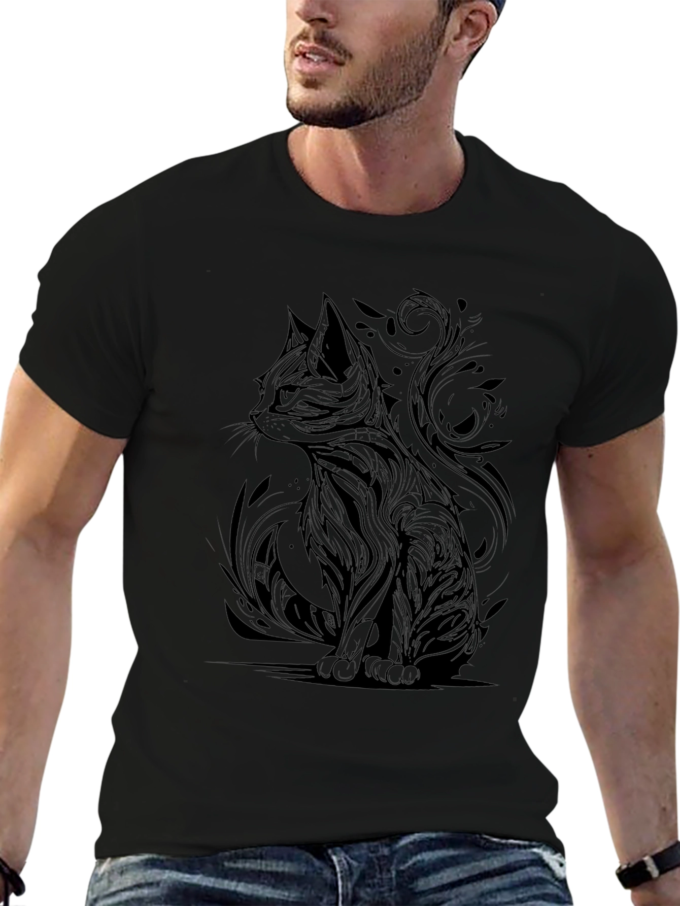 Abstract Cat Graphic Print Black T-Shirt