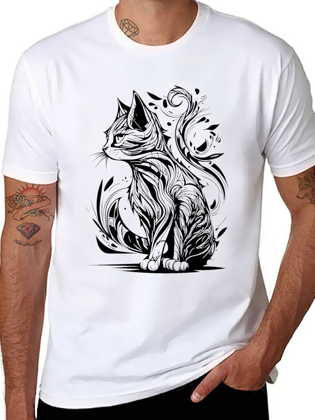 Abstract Cat Graphic Print Black T-Shirt