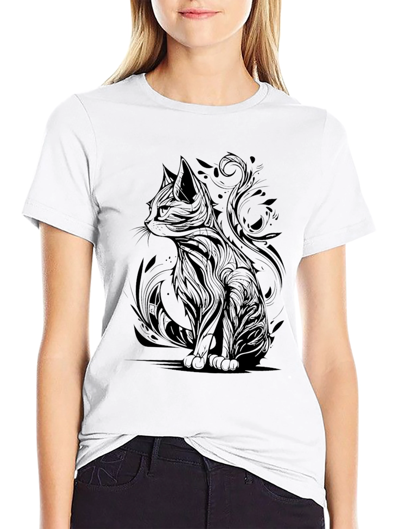 Abstract Cat Graphic Print Black T-Shirt