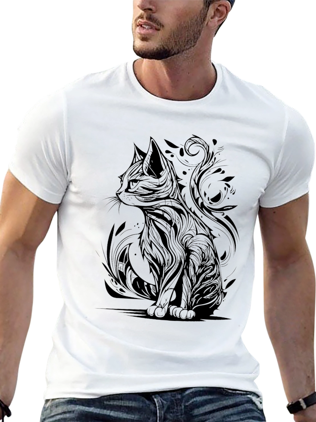 Abstract Cat Graphic Print Black T-Shirt
