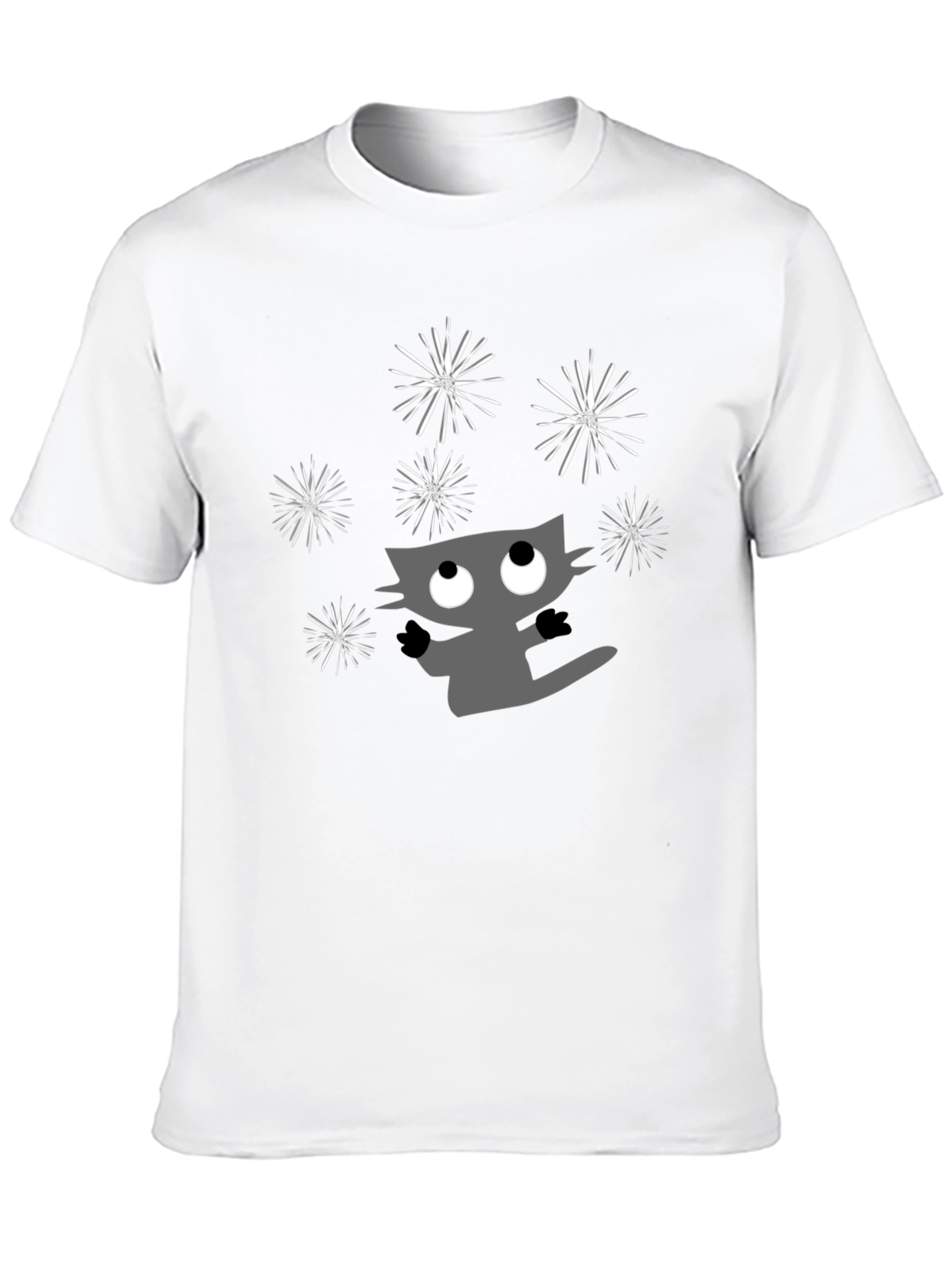 Whimsical Cat & Fireworks Graphic Tee - Black