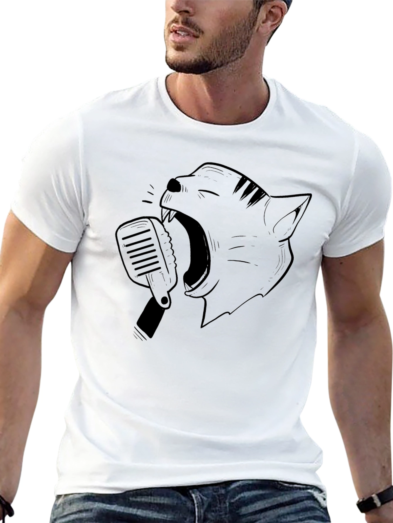 Singing Cat Graphic Tee - Black Cotton Blend