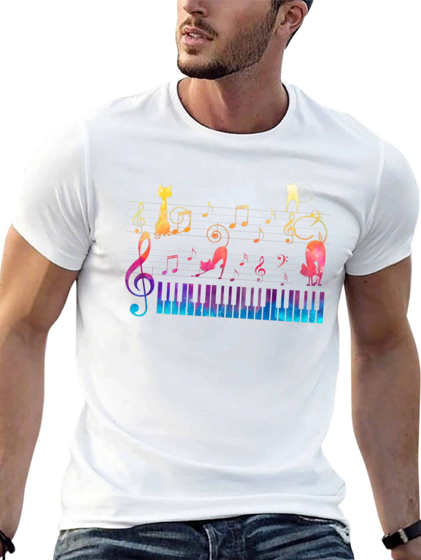 Musical Cats & Piano T-Shirt - Black Cotton Tee