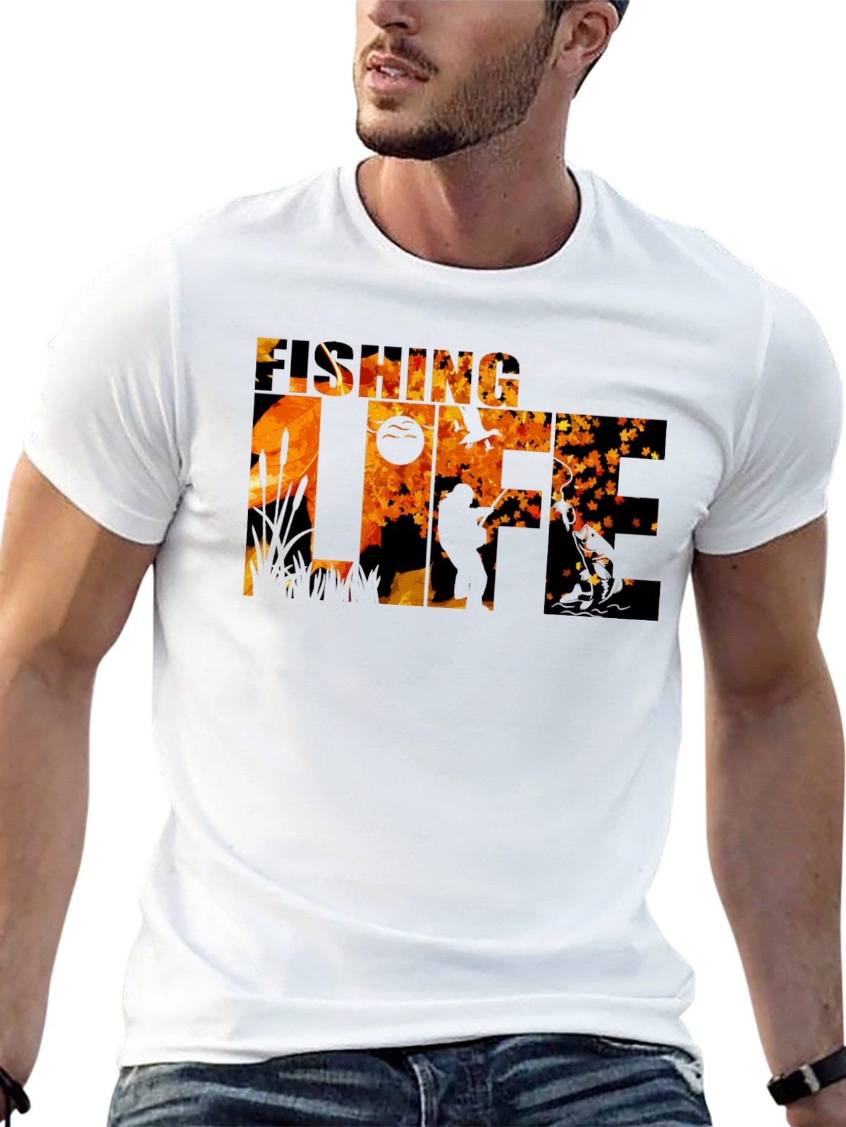 Fishing Life Graphic Tee - Black Crew Neck