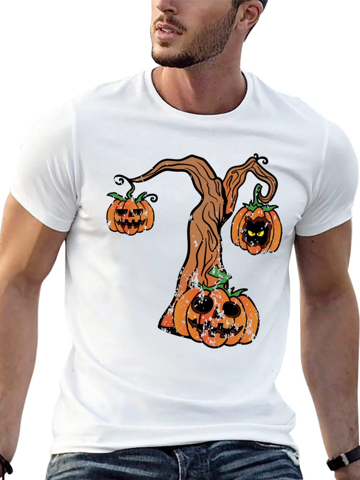 Halloween Pumpkin Tree Mens Black T-Shirt