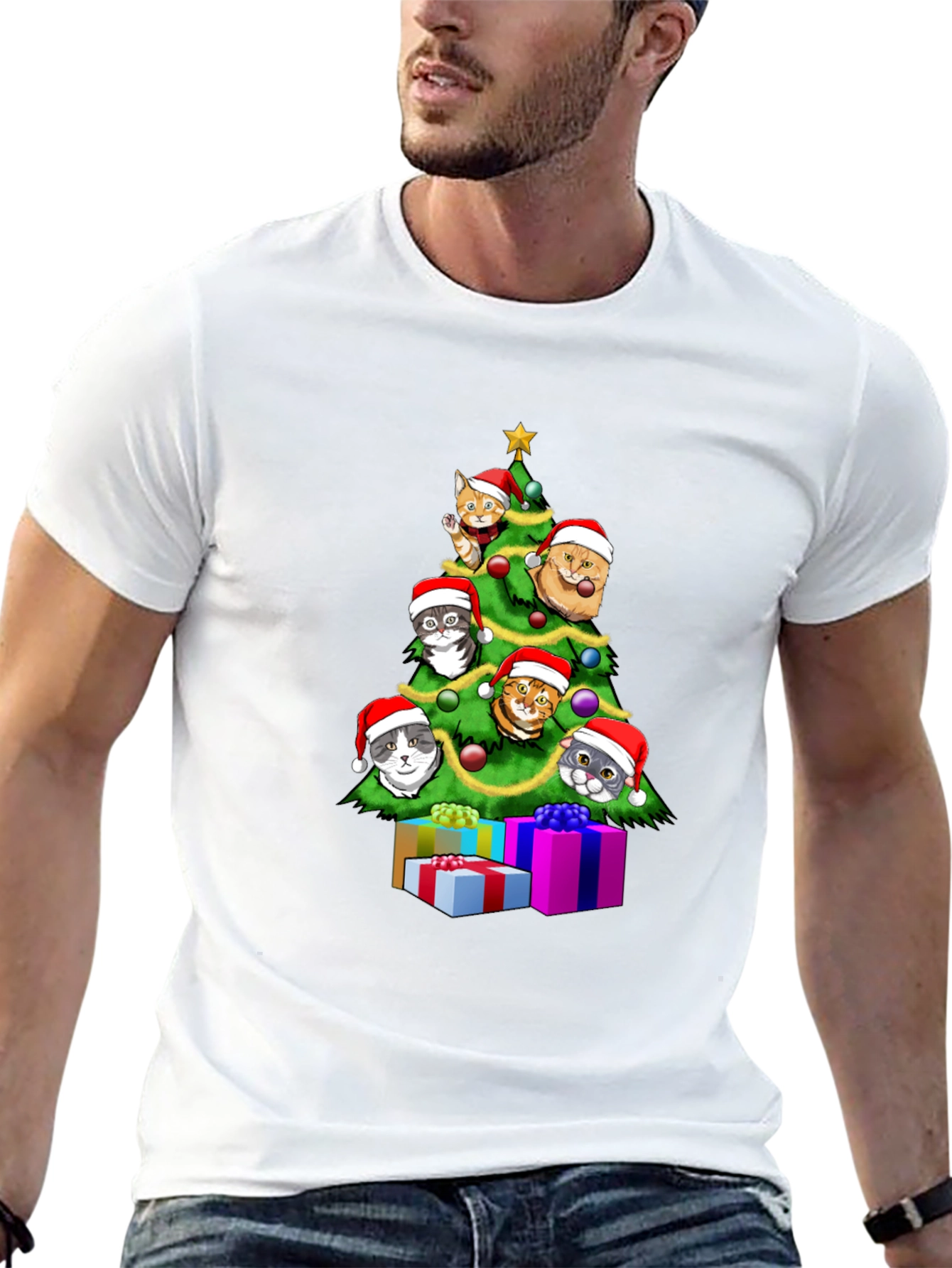 Festive Cat Christmas Tree Graphic Tee