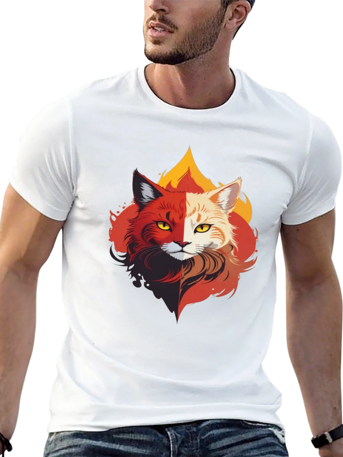 Fiery Feline T-Shirt - Unique Cat Design