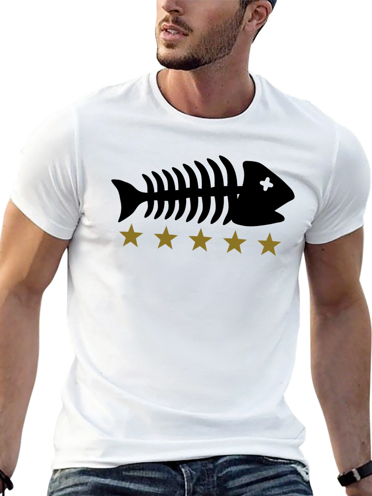 Fishbone & Star Graphic Tee - Black Cotton T-Shirt