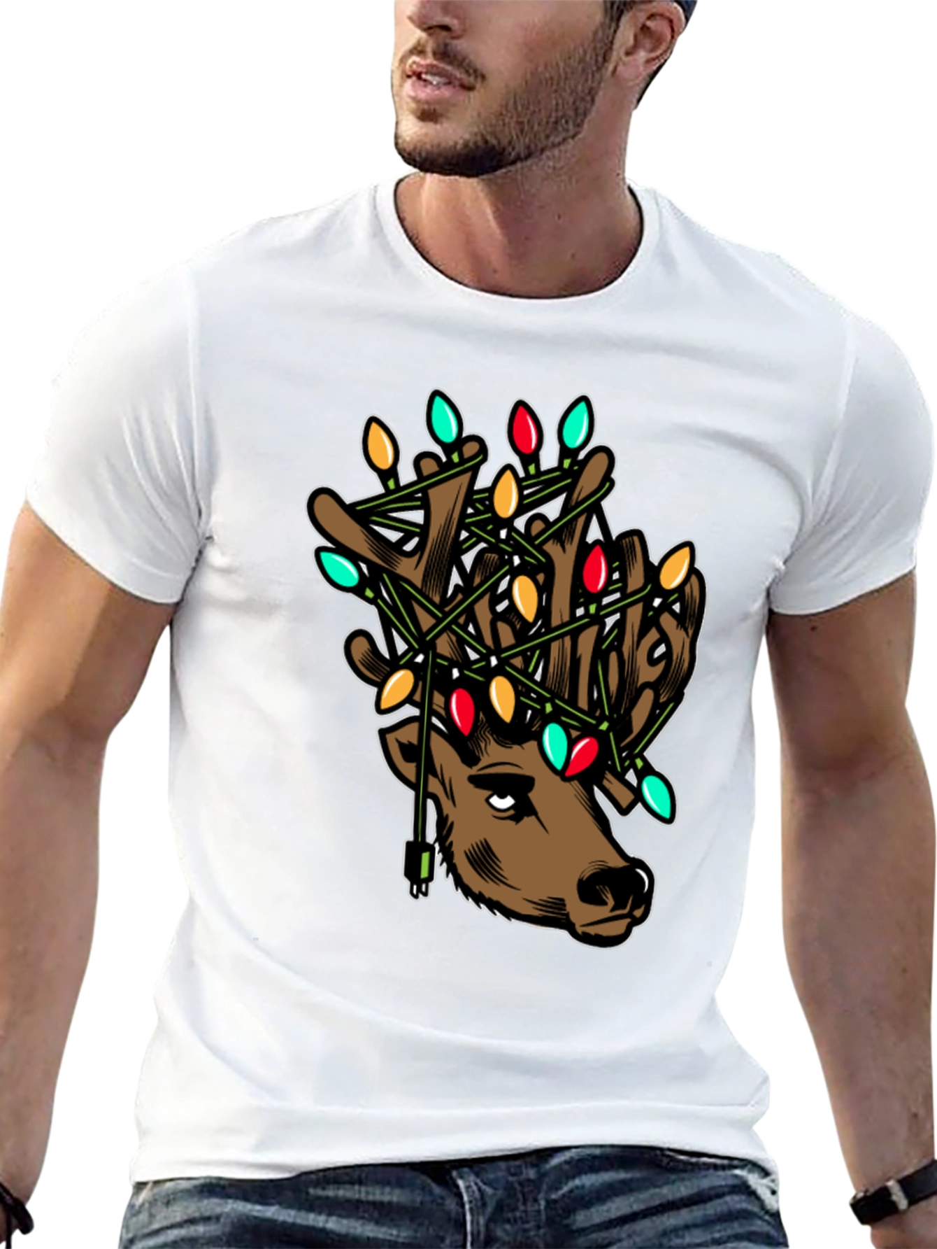 Reindeer Christmas Lights Graphic T-Shirt