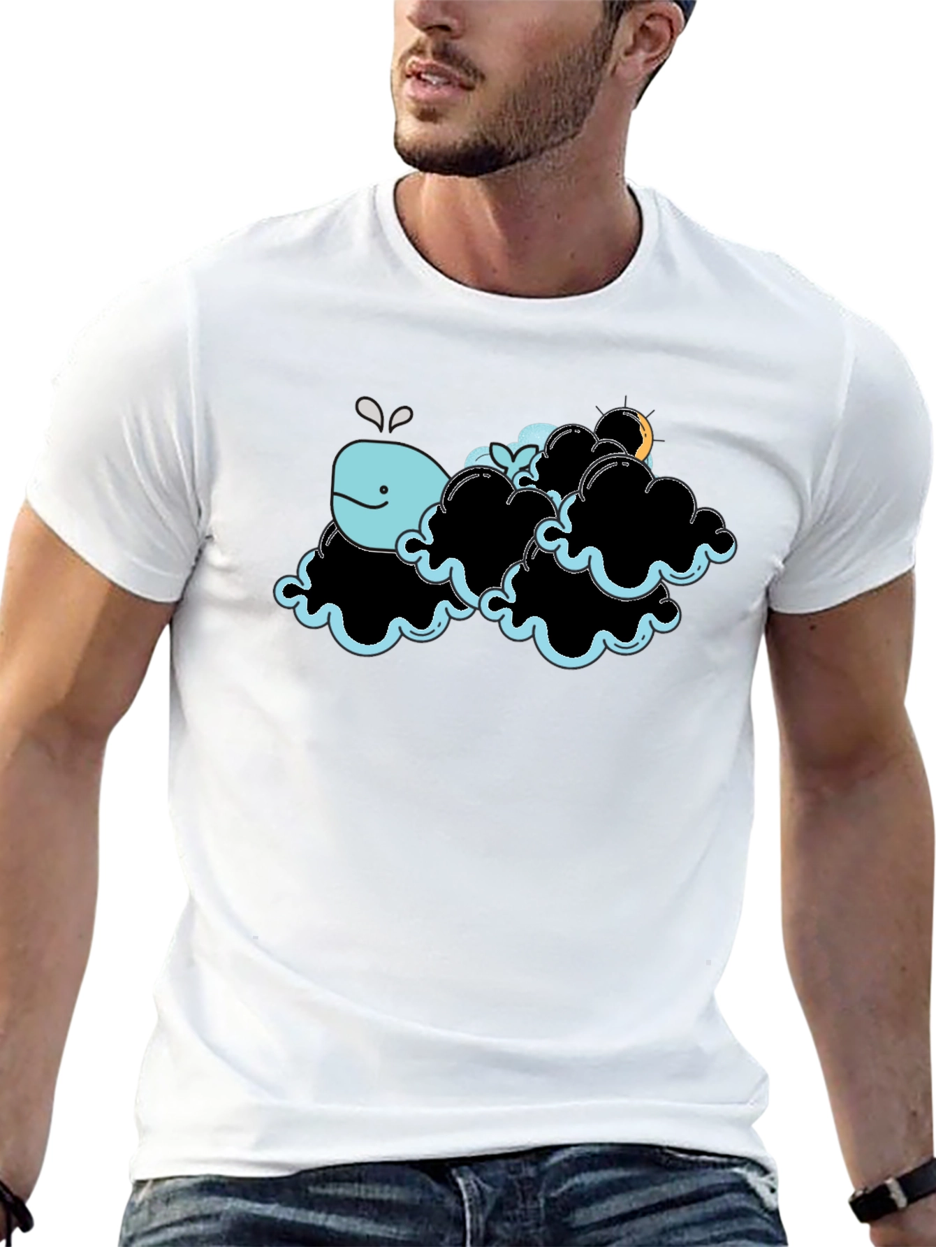 Whale in Clouds Graphic Tee - Black Cotton T-Shirt