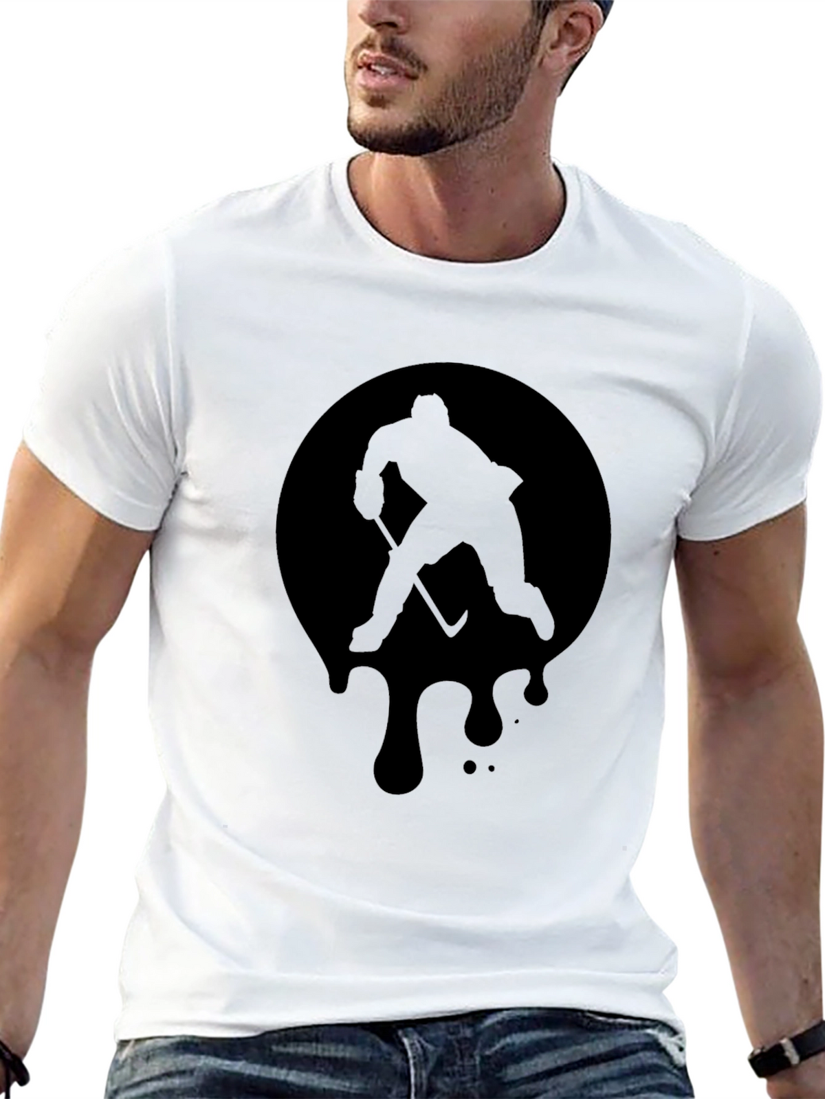 Hockey Player Graphic Tee - Black Cotton T-Shirt
