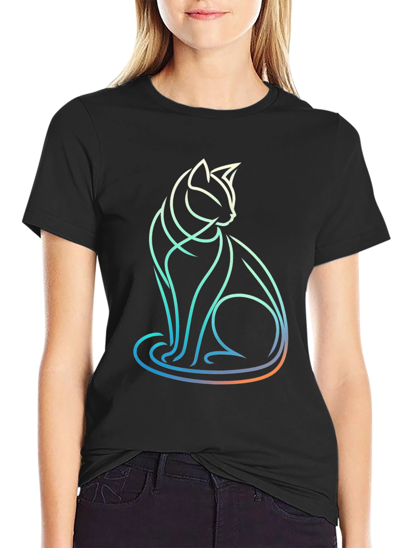 Abstract Cat Line Art T-Shirt - Modern Graphic Tee