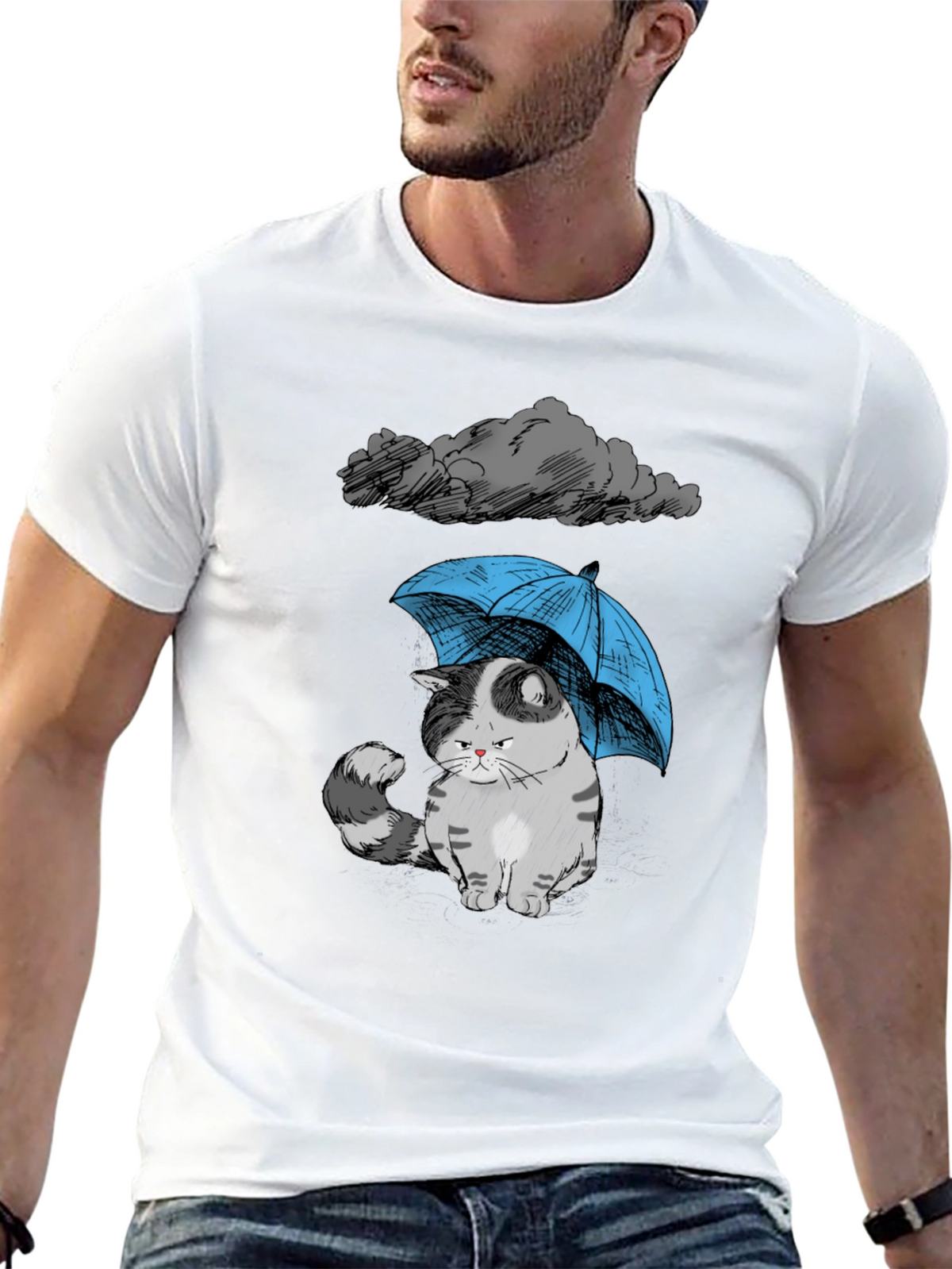 Sad Cat Under Umbrella Graphic T-Shirt