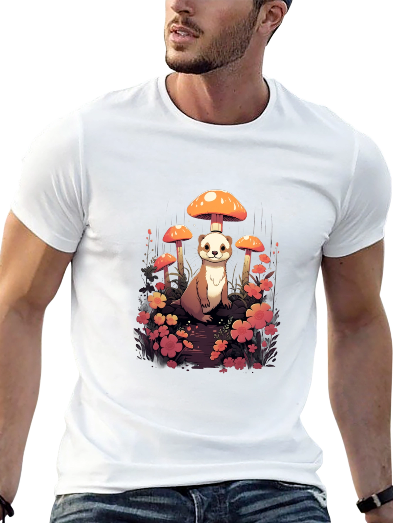 Whimsical Ferret and Mushroom Graphic T-Shirt