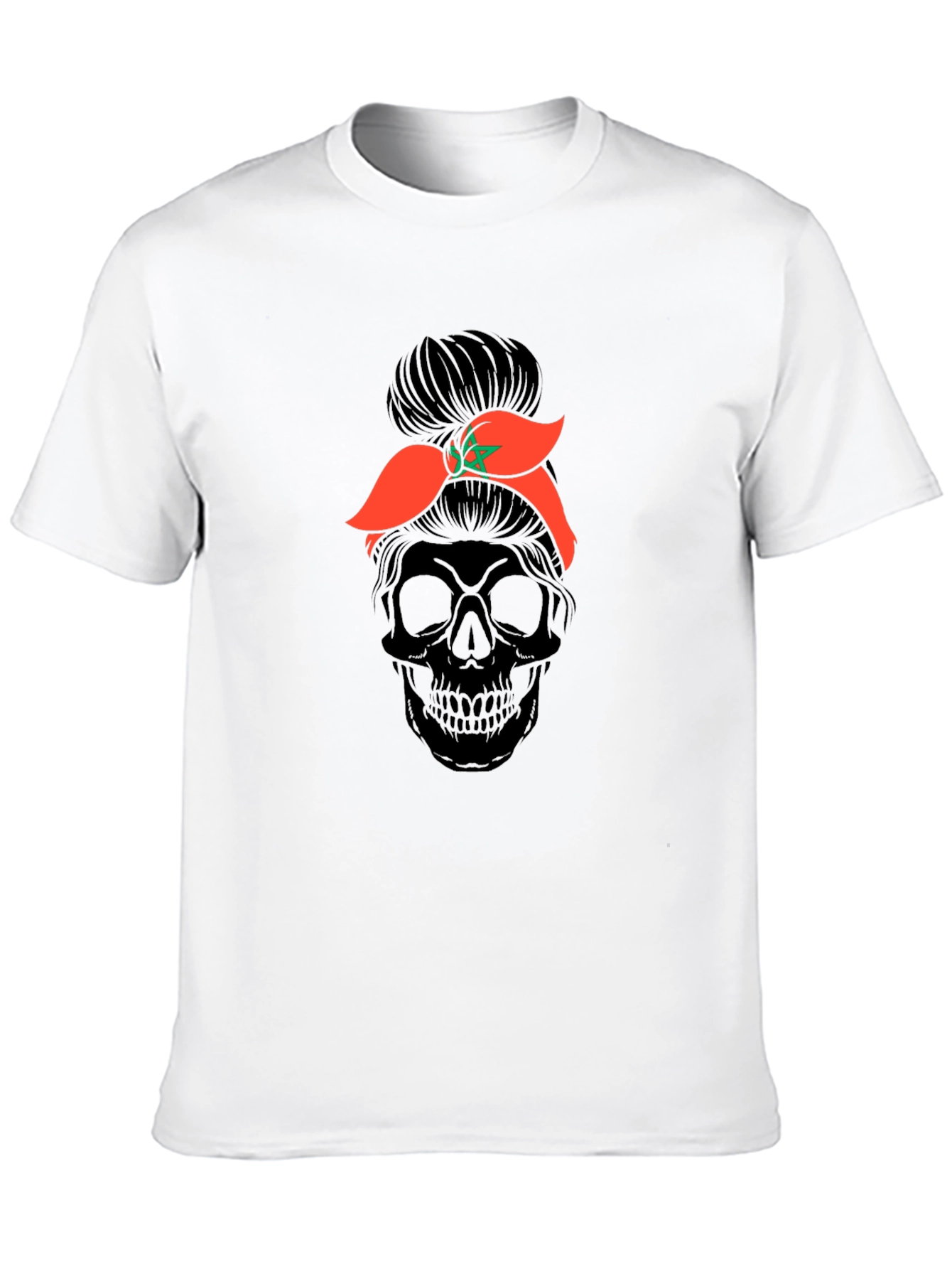 Skull Messy Bun Morocco Flag T-Shirt
