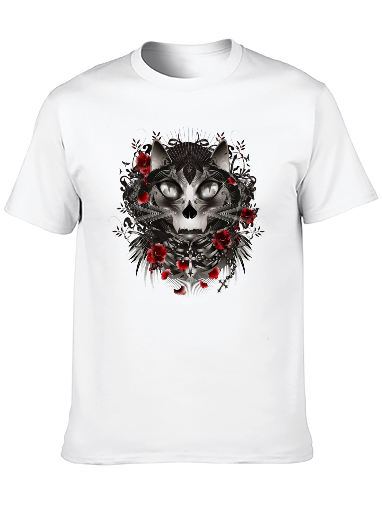 Gothic Cat Skull Rose Graphic Black T-Shirt