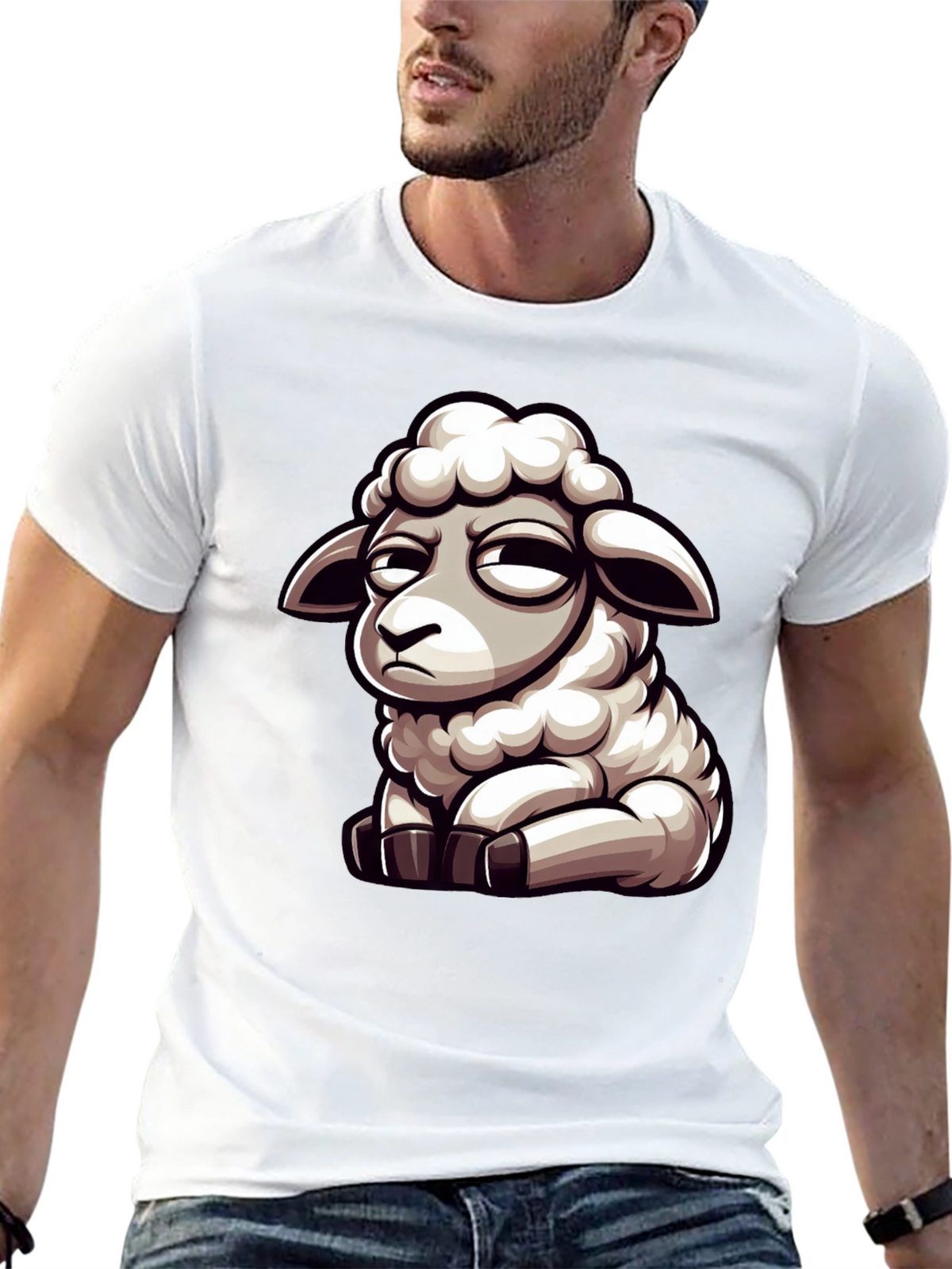 Funny Grumpy Sheep Cartoon Black T-Shirt