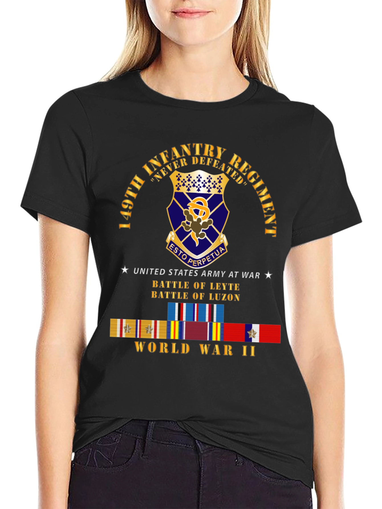149th Infantry Regiment Never Defeated Black T-Shirt