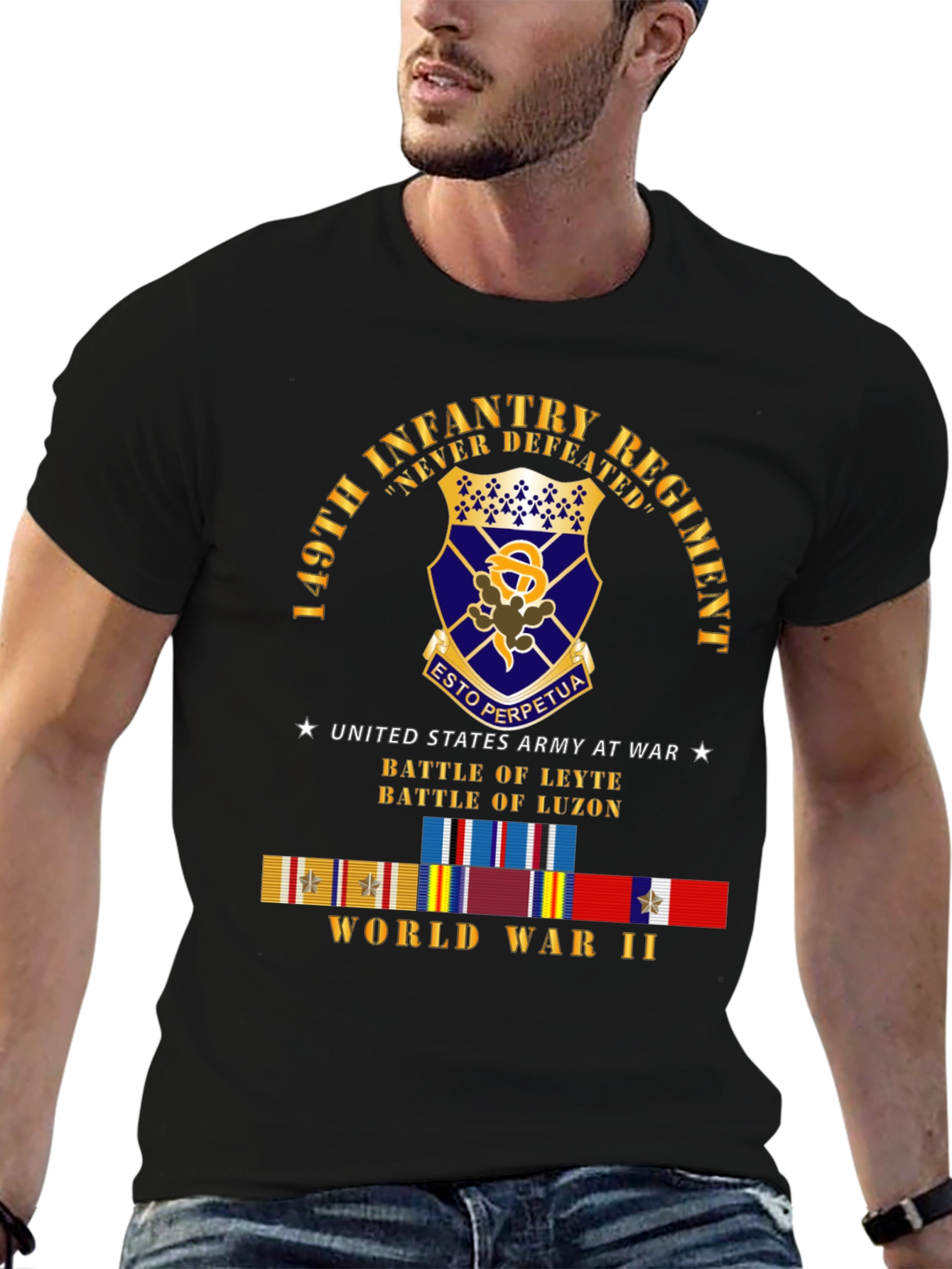 149th Infantry Regiment Never Defeated Black T-Shirt