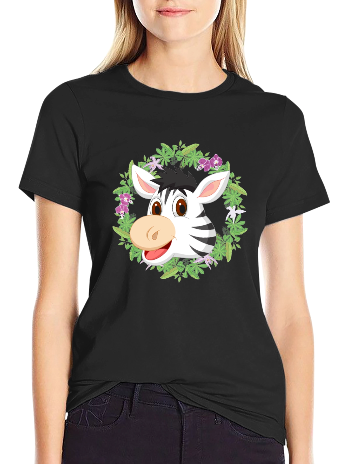Zebra Head in Wreath Black T-Shirt
