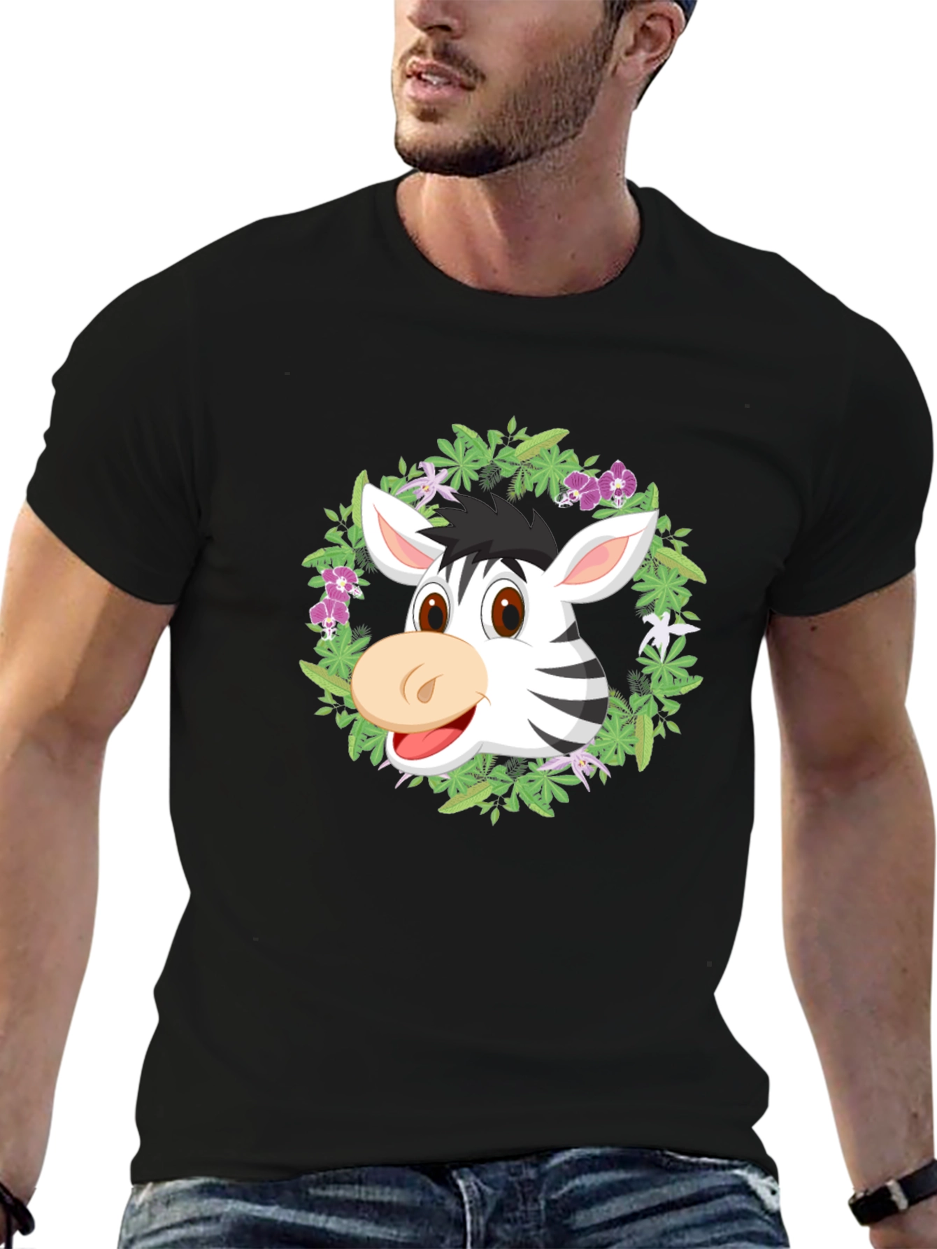 Zebra Head in Wreath Black T-Shirt