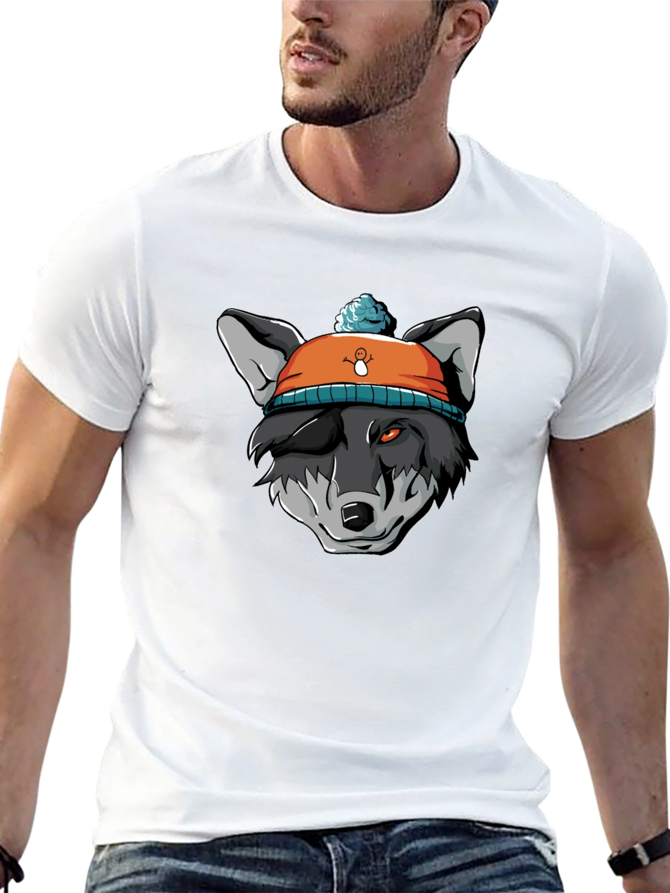 Wolf in Beanie Black T-Shirt - Unique Graphic Tee