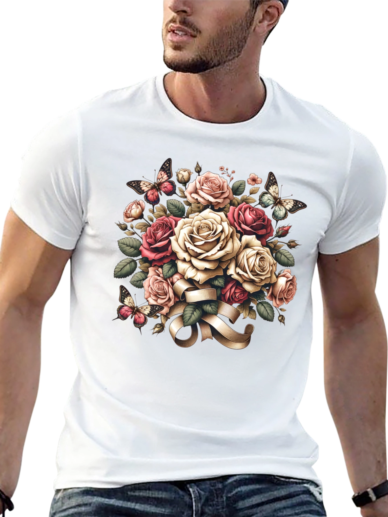 Floral Roses & Butterflies Black T-Shirt