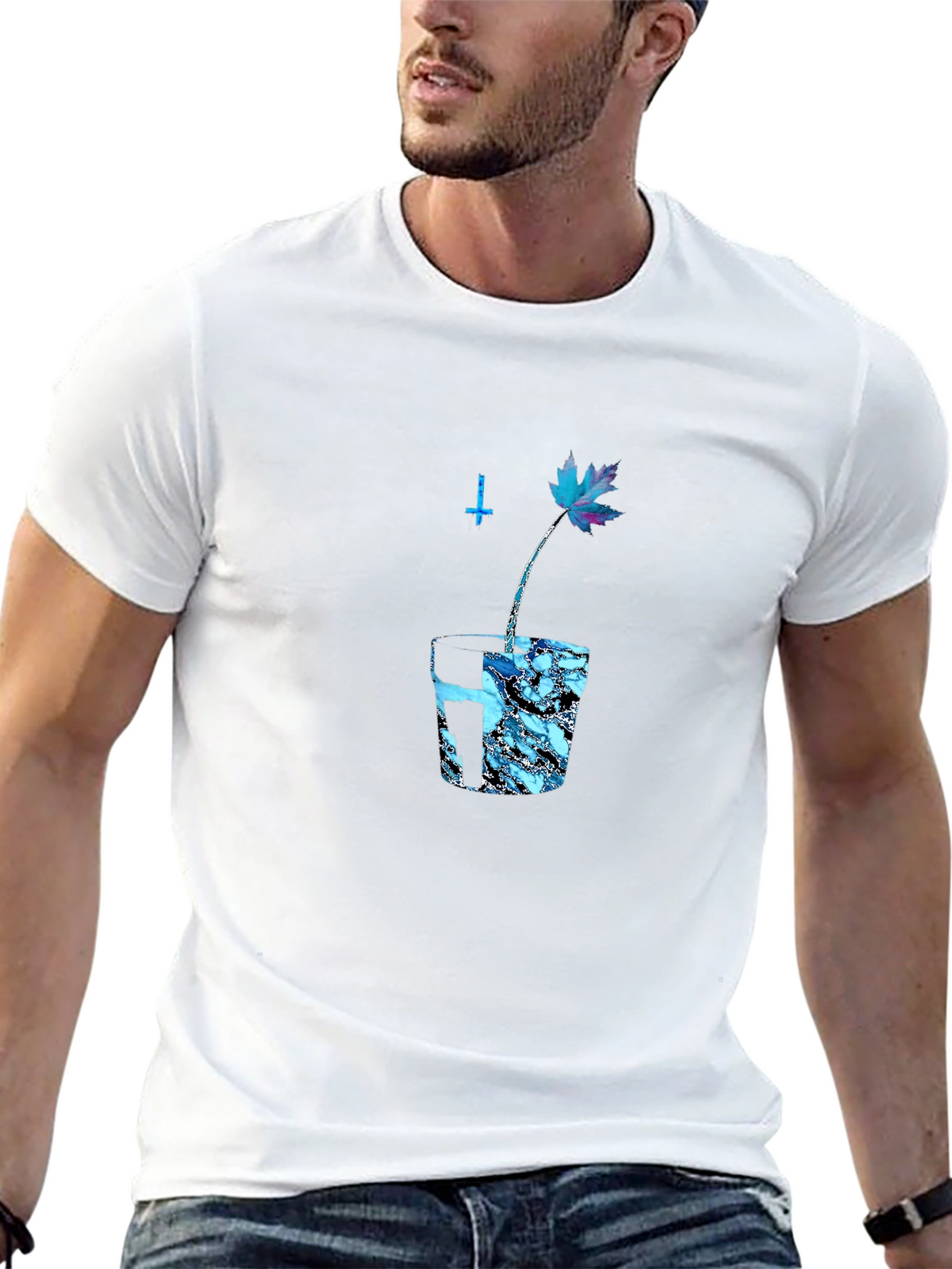Black Graphic Tee with Blue Maple Leaf Design