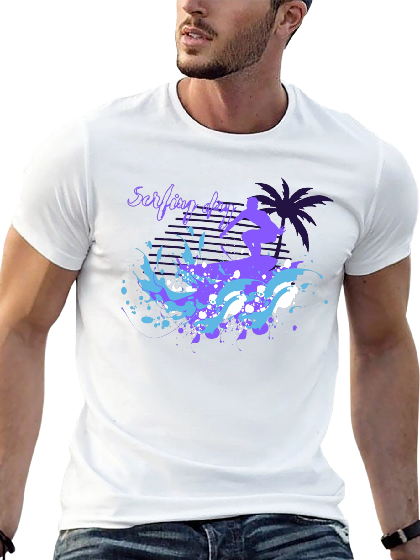 Surfing Day Graphic Tee - Black Cotton T-Shirt