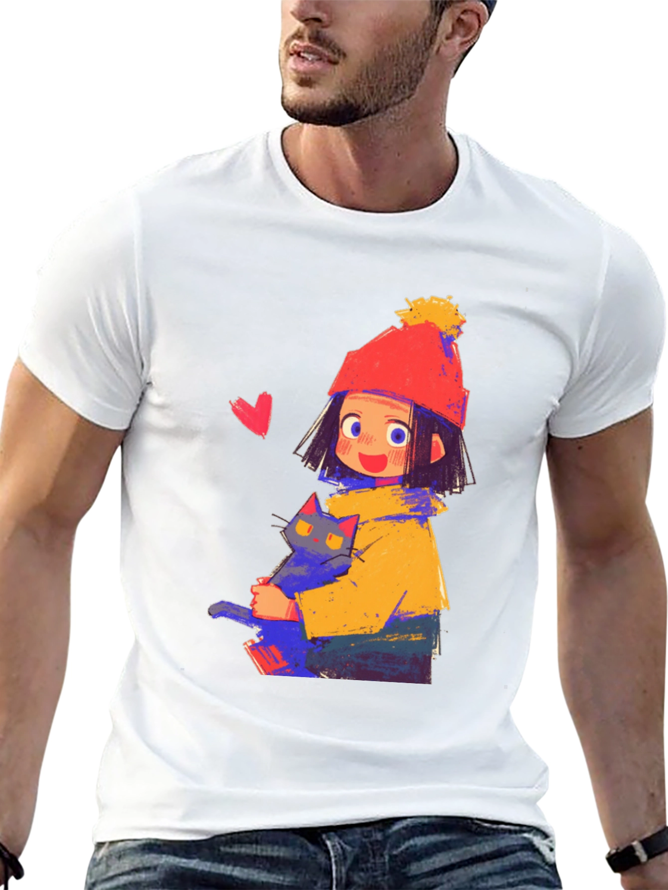 Cute Girl with Cat Graphic Tee