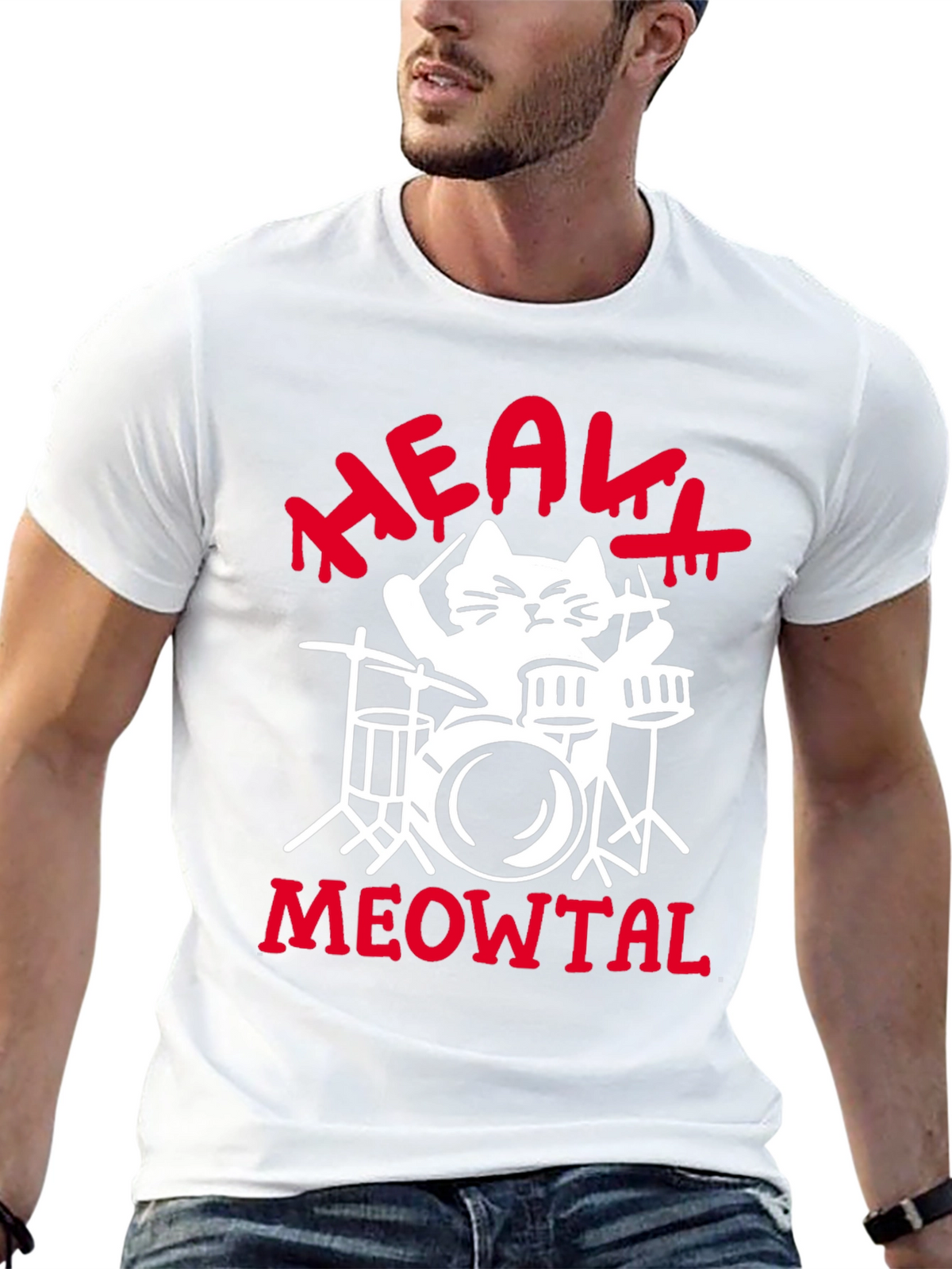 Heavy Meowtal Cat Drummer Black Graphic Tee