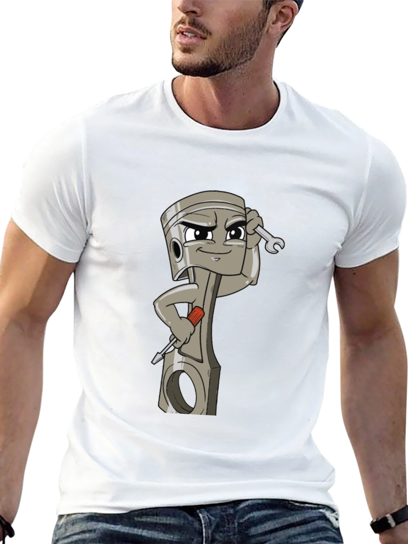 Cool Cartoon Piston Mechanic Black T-Shirt