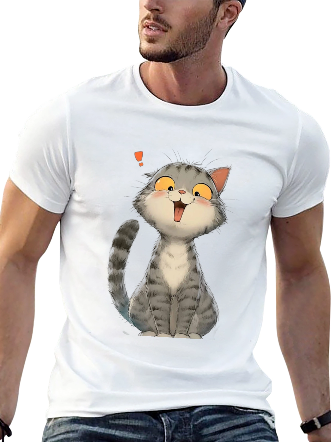 Cute Cat Cartoon Graphic Print Black T-Shirt