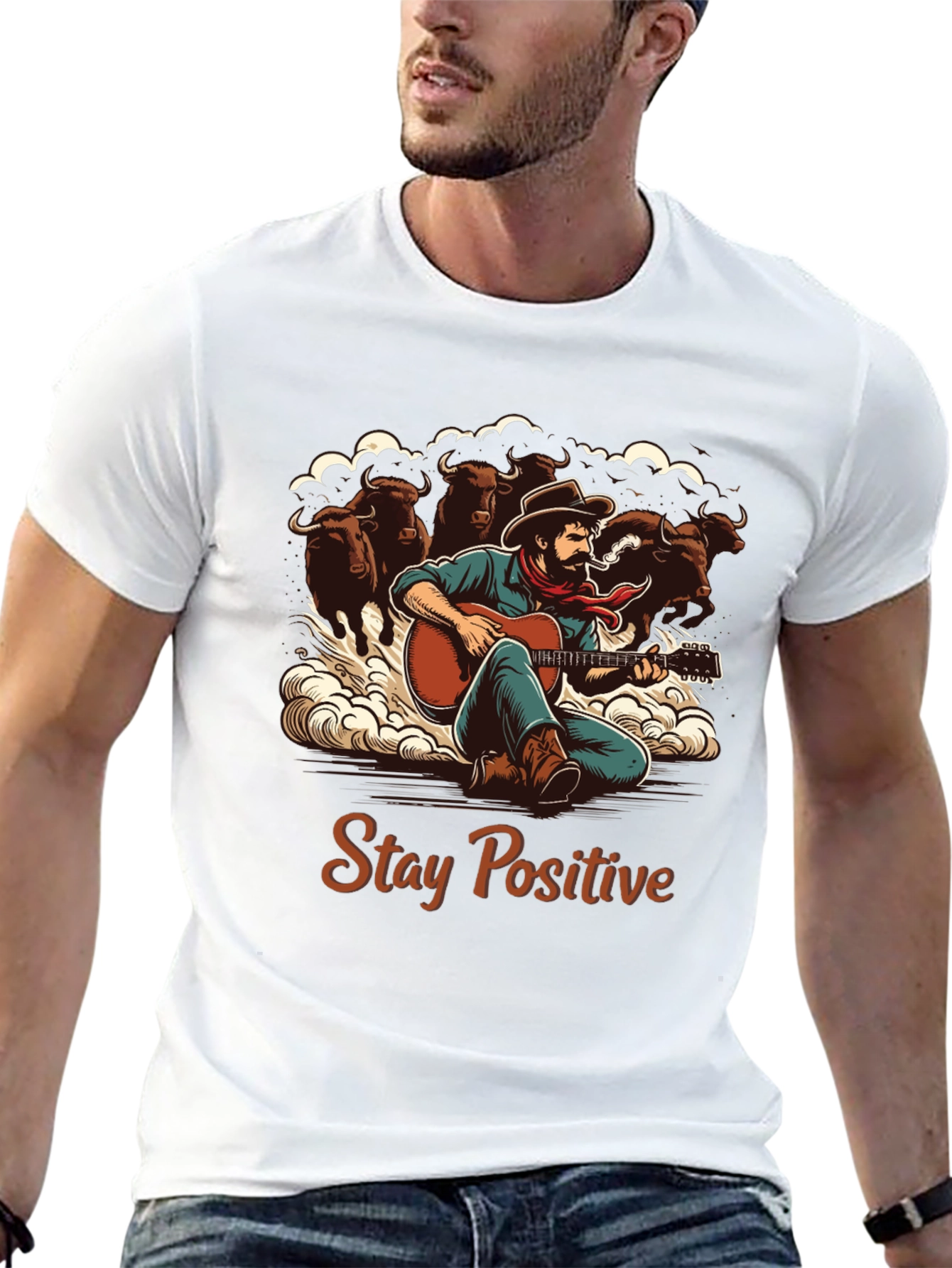 Stay Positive Cowboy Guitar Graphic T-Shirt