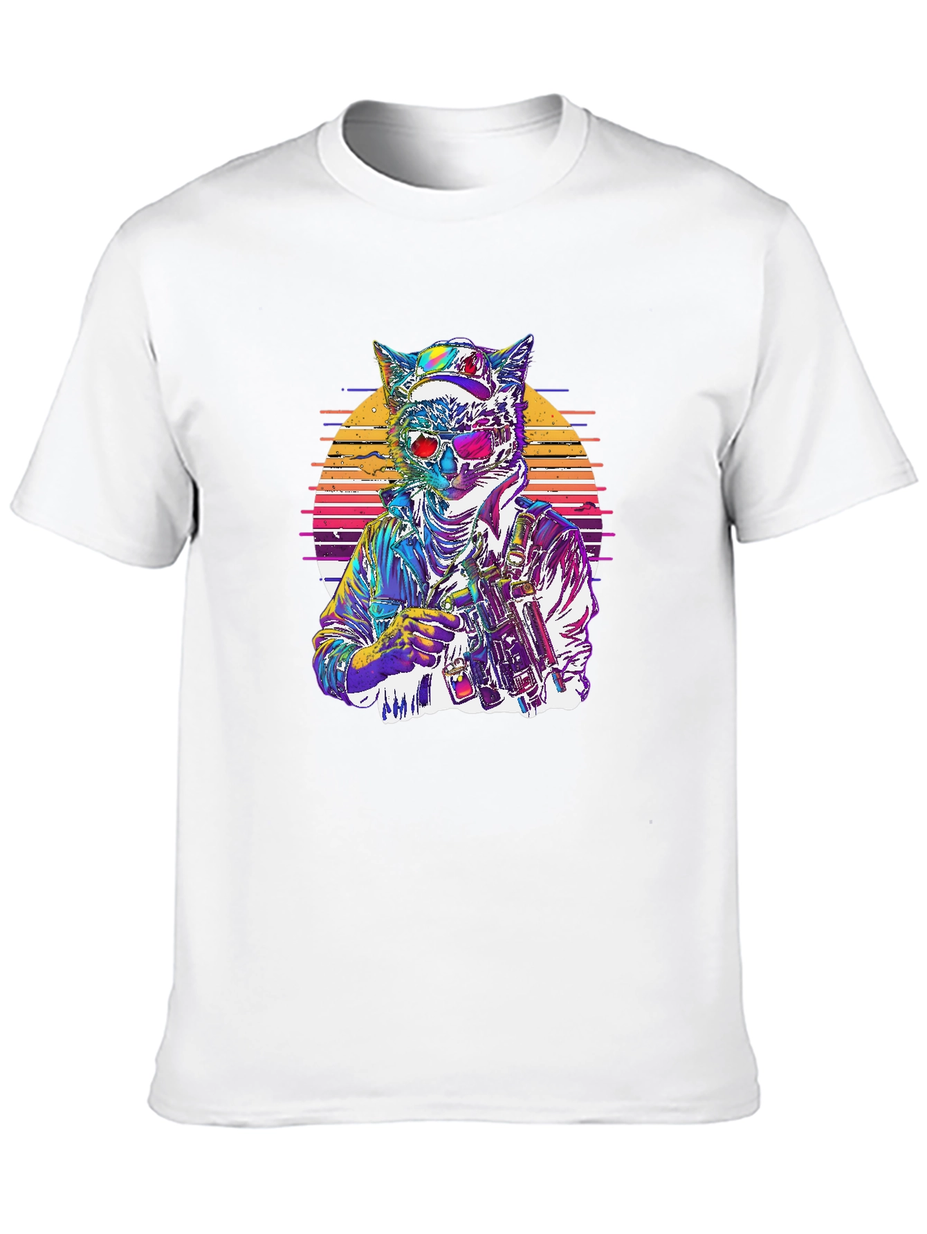 Retro Cat Warrior Graphic Tee - Black