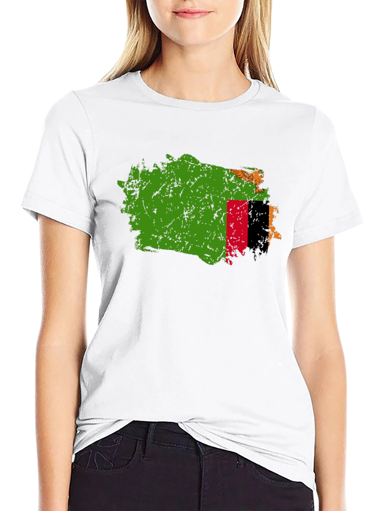 Zambia Flag Map T-Shirt - Black Crew Neck Tee